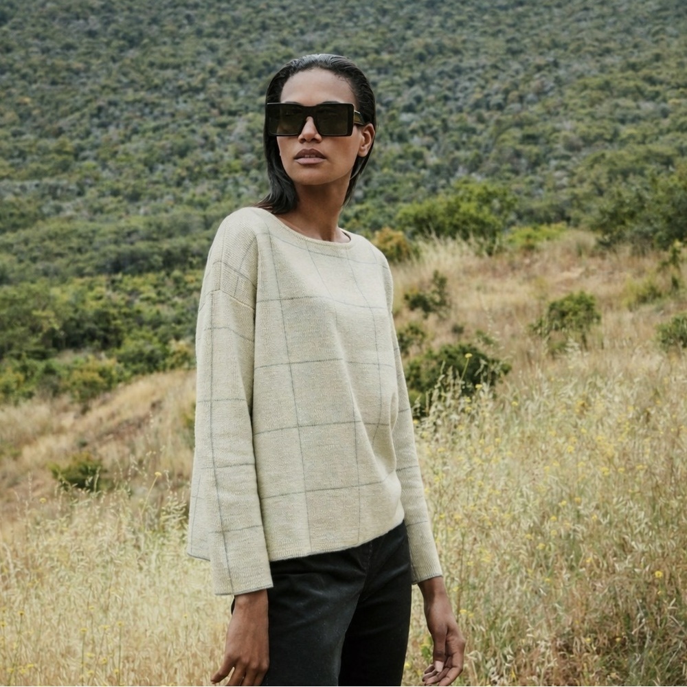 Eileen Fisher XL Fine Merino Windowpane Box 0054 Sweater Bone BEIGE GRAY women